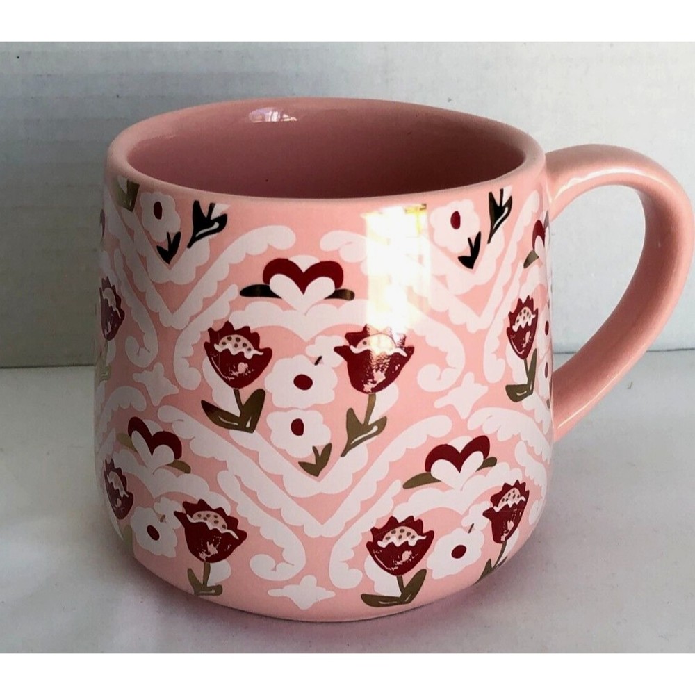 Threshold Target Pink Coffee Mug Cup Red Roses White Scrolls Hearts Gold Stems
